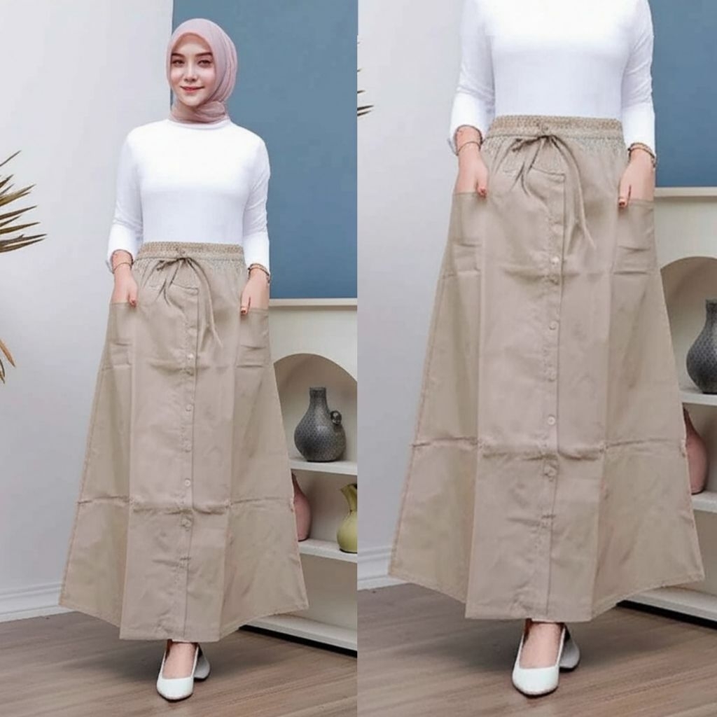 Amora Skirt - Rok kancing depan panjang wanita katun model korean style kekinian