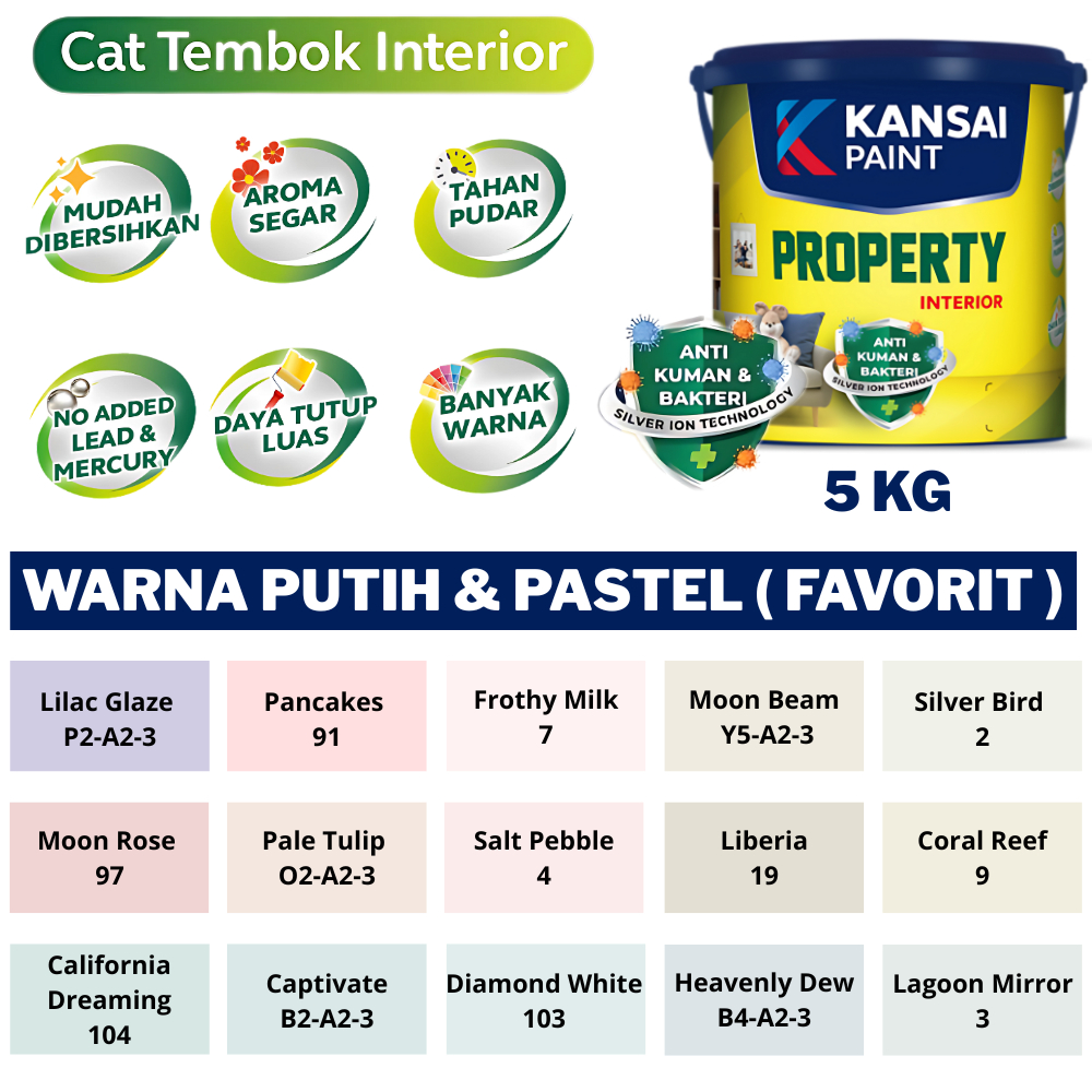 KANSAI CAT TEMBOK KANSAI PAINT PROPERTY INTERIOR 5KG WARNA PUTIH & PASTEL FAVORIT CAT TEMBOK