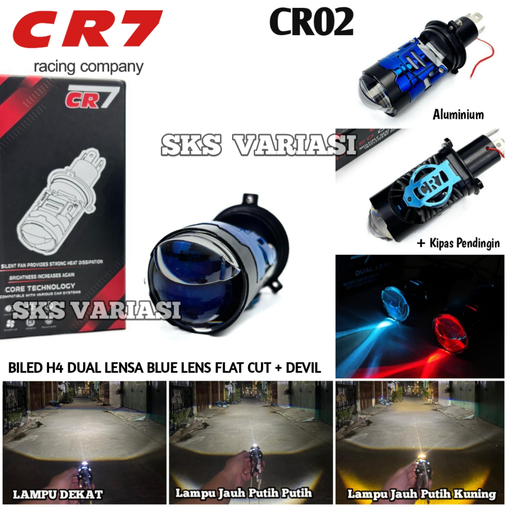 CR7 CR02 - Lampu Utama LED H4 Biled Projector Laser Blue Lens Plus Devil Kipas Pendingin Motor Mobil