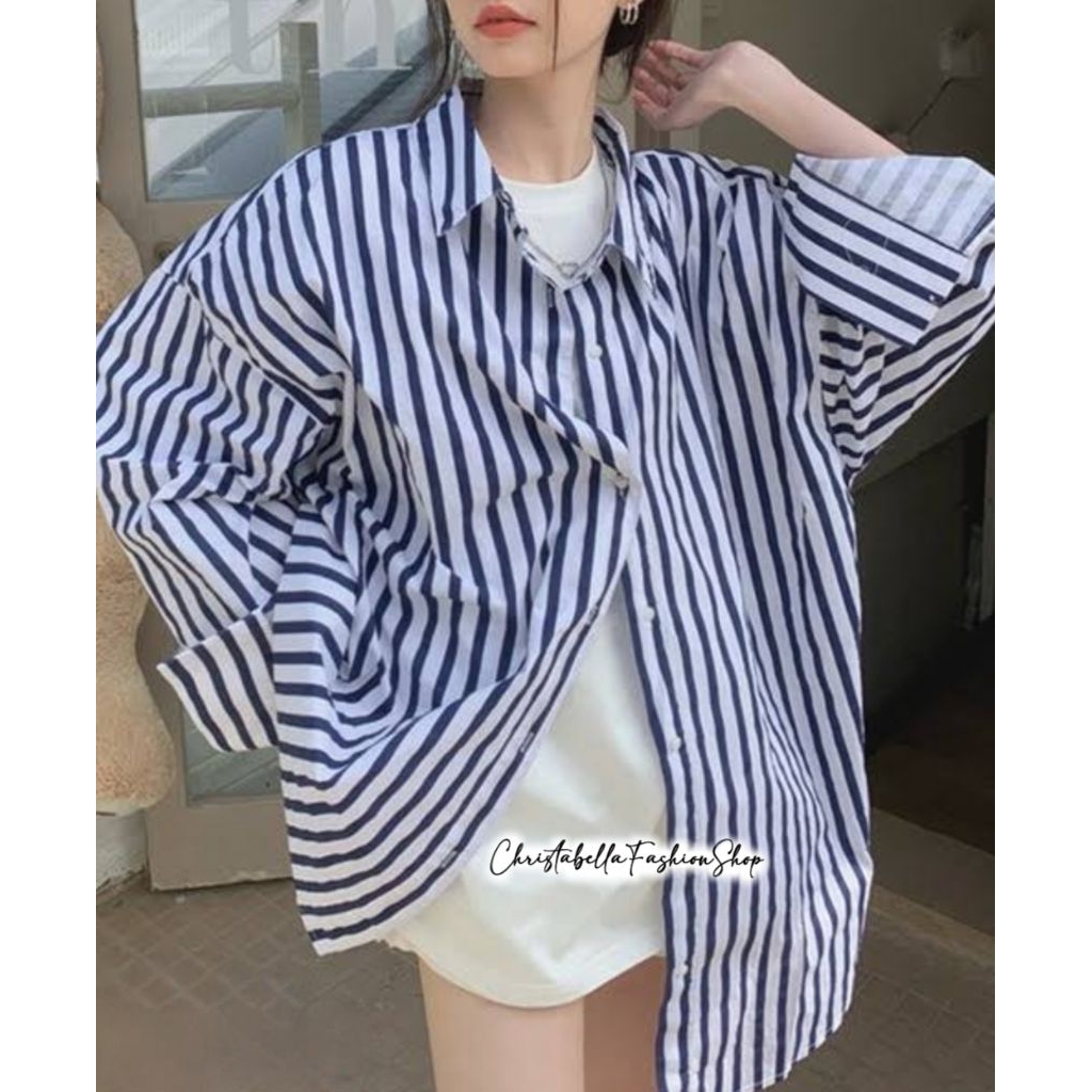 Kemeja Garis Garis Wanita / Kemeja Motif Salur Shirt Women's Premium / Atasan Bigsize Jumbo Wanita