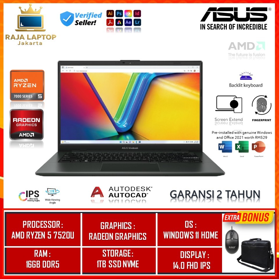 Laptop Slim ASUS Vivobook Go 14 E1404FA Amd Ryzen 5 7520U Ra, 16GB 1TB SSD Fhd Win11+ohs Original