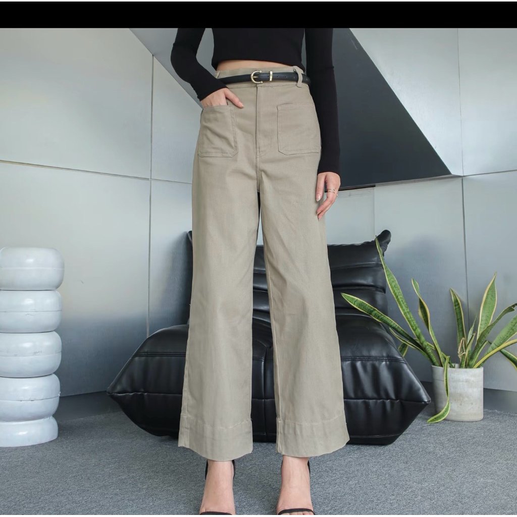 KAIAHATI - Gaia Twill Pants Celana Panjang Wide Leg Pants Casual Office High Waist Katun Wanita Stra