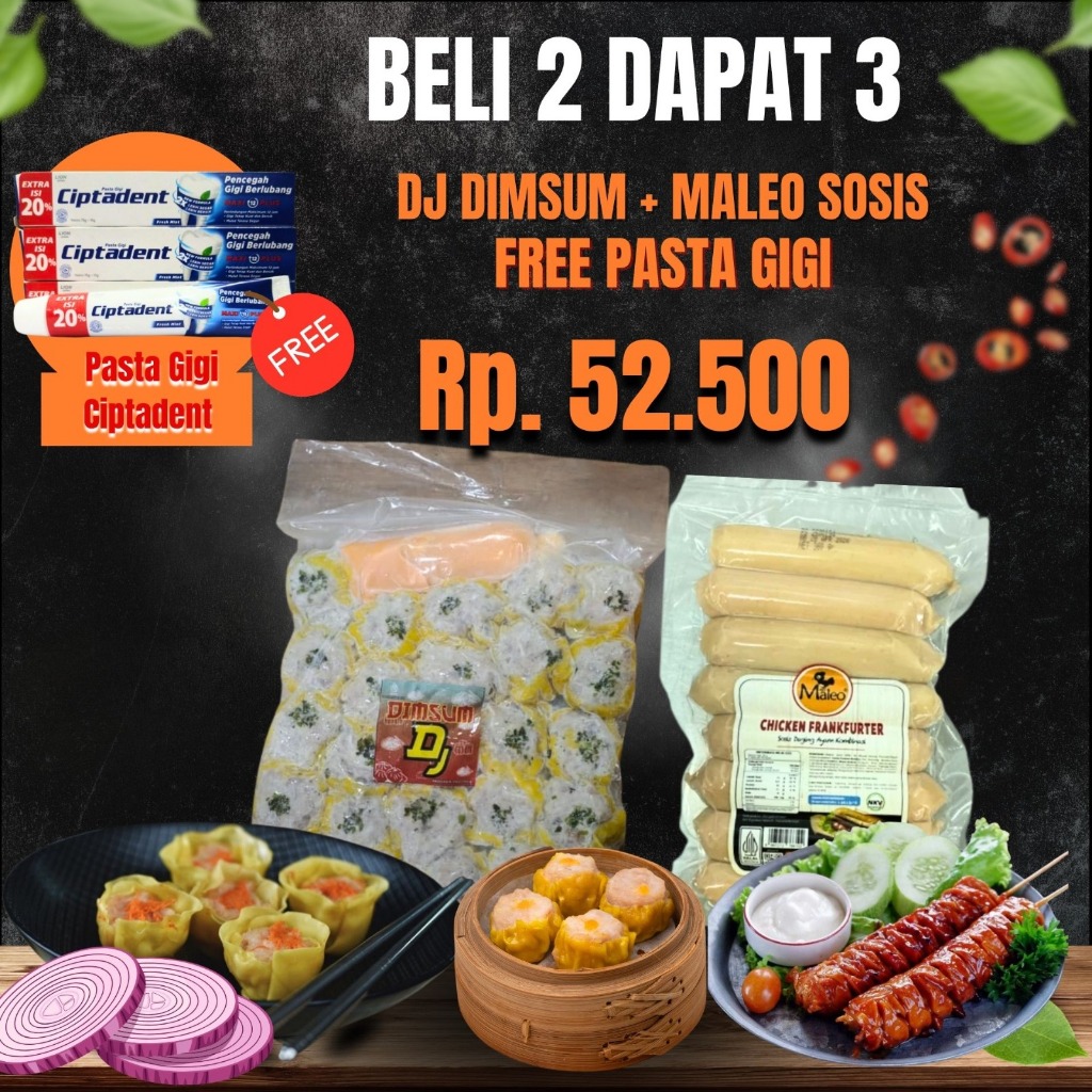 

BELI 2 DAPAT 3!!! DJ DIMSUM AYAM JUMBO IS 25PCS+ MALEO SOSIS BAKAR ISI 8PCS FREE CIPTADENT PASTA GIGI