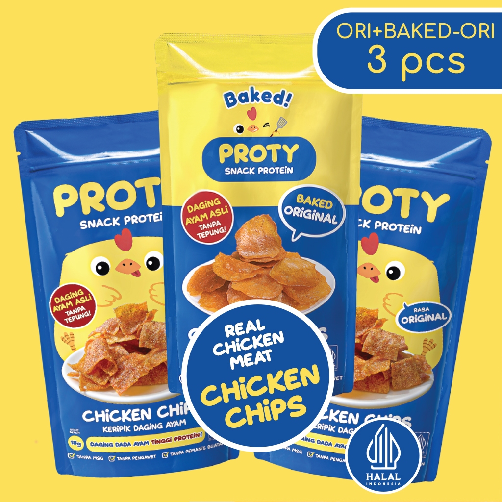 

PROTY Original dan Baked (Panggang) Snack Protein Anak Chicken Chips Ori(2)+BakedOri(1)
