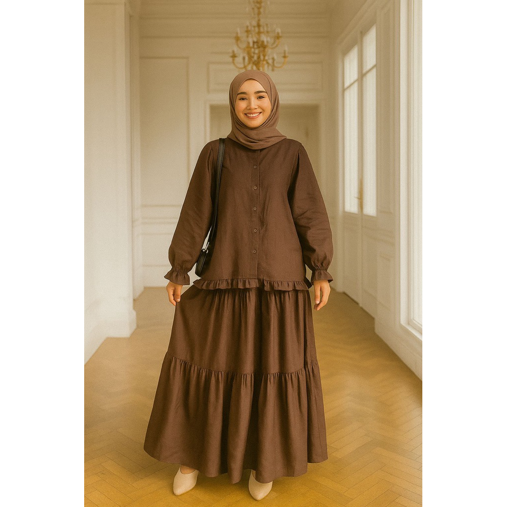 Lauren Setelan Rok Ruffle Bahan Linen Wanita Kekinian Busui Frendly Oversize Terbaru One Set Rok Max