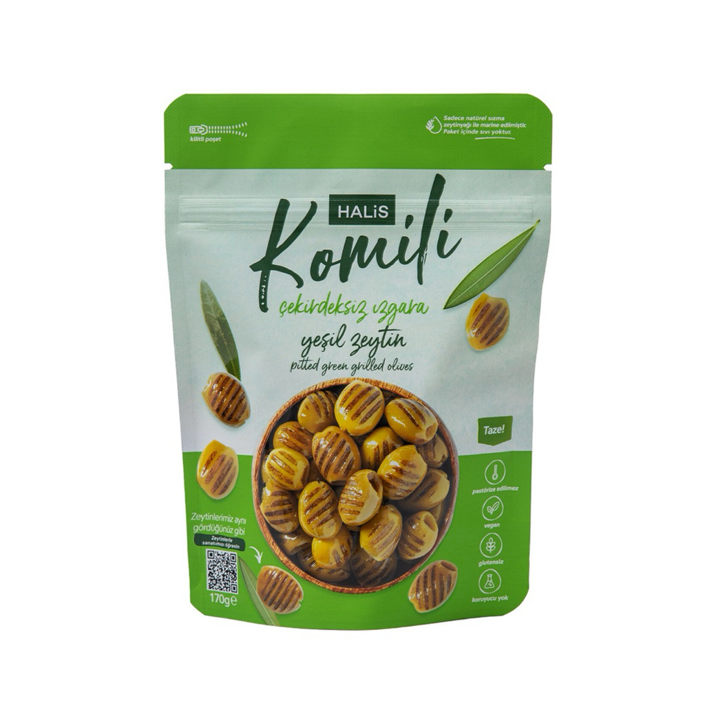 

ZAITUN PANGGANG KOMILI TURKI Komili Halis Çekirdeksiz Izgara Yeşil Zeytin – 170g | Pitted Green Grilled Olives