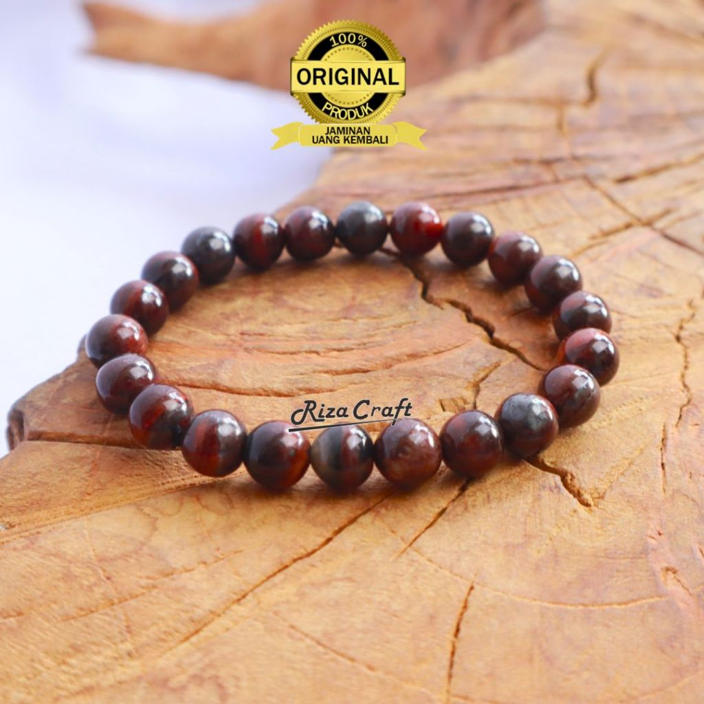 Riza craft Gelang Batu Akik Tiger Eye Merah Mata Harimau Asli Alam Natural Untuk Pria Wanita Kualita