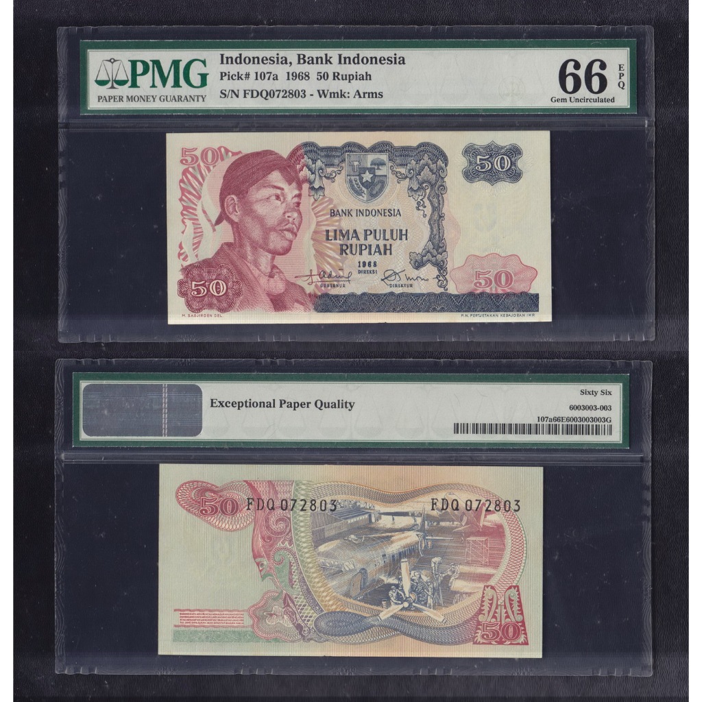 Uang kuno PMG 66 EPQ - 50 Rupiah tahun 1968 Jendral Sudirman S/N→ FDQ072803