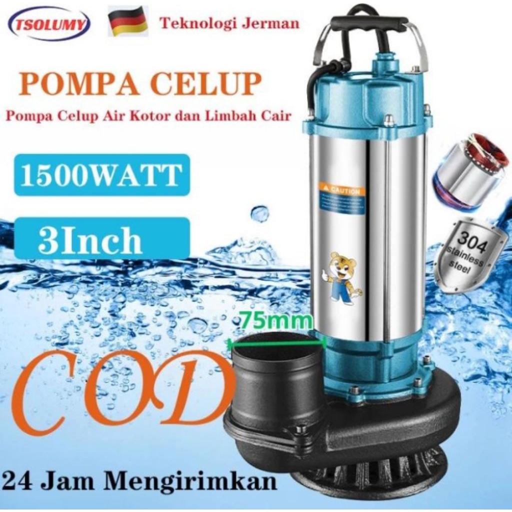 Pompa Celup Air Kotor 1500W Stainless Submersible Pump 3inch TSOLUMY