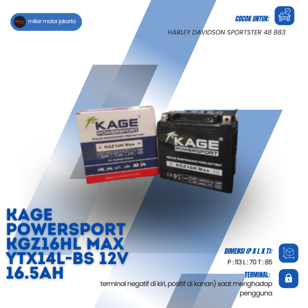 Aki Motor KAGE Powersport KGZ16HL Max YTX14L-BS 12V 16.5Ah Harley Davidson Sportster 48 883