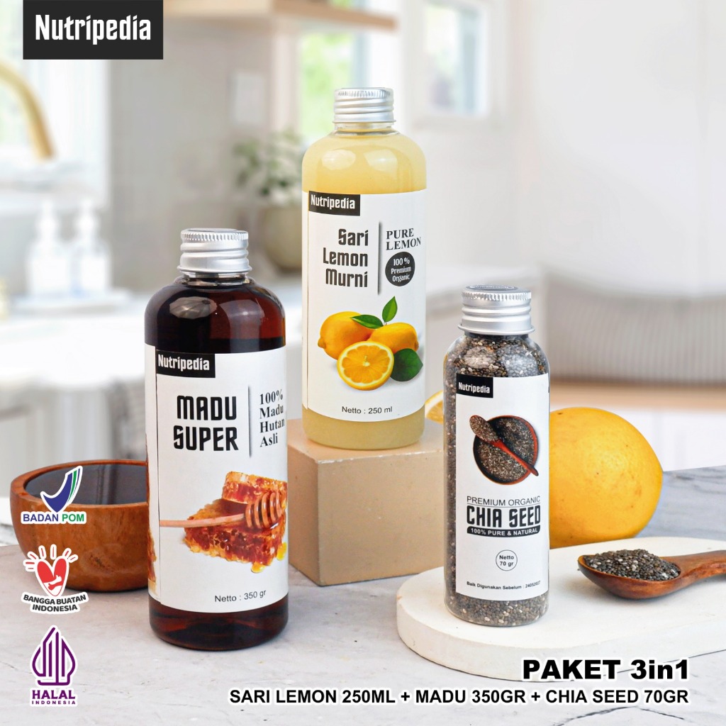 

Nutripedia - Paket Sari Lemon 250ml, Chia Seeds 70gr dan Madu Super 350gr Organic Untuk Diet