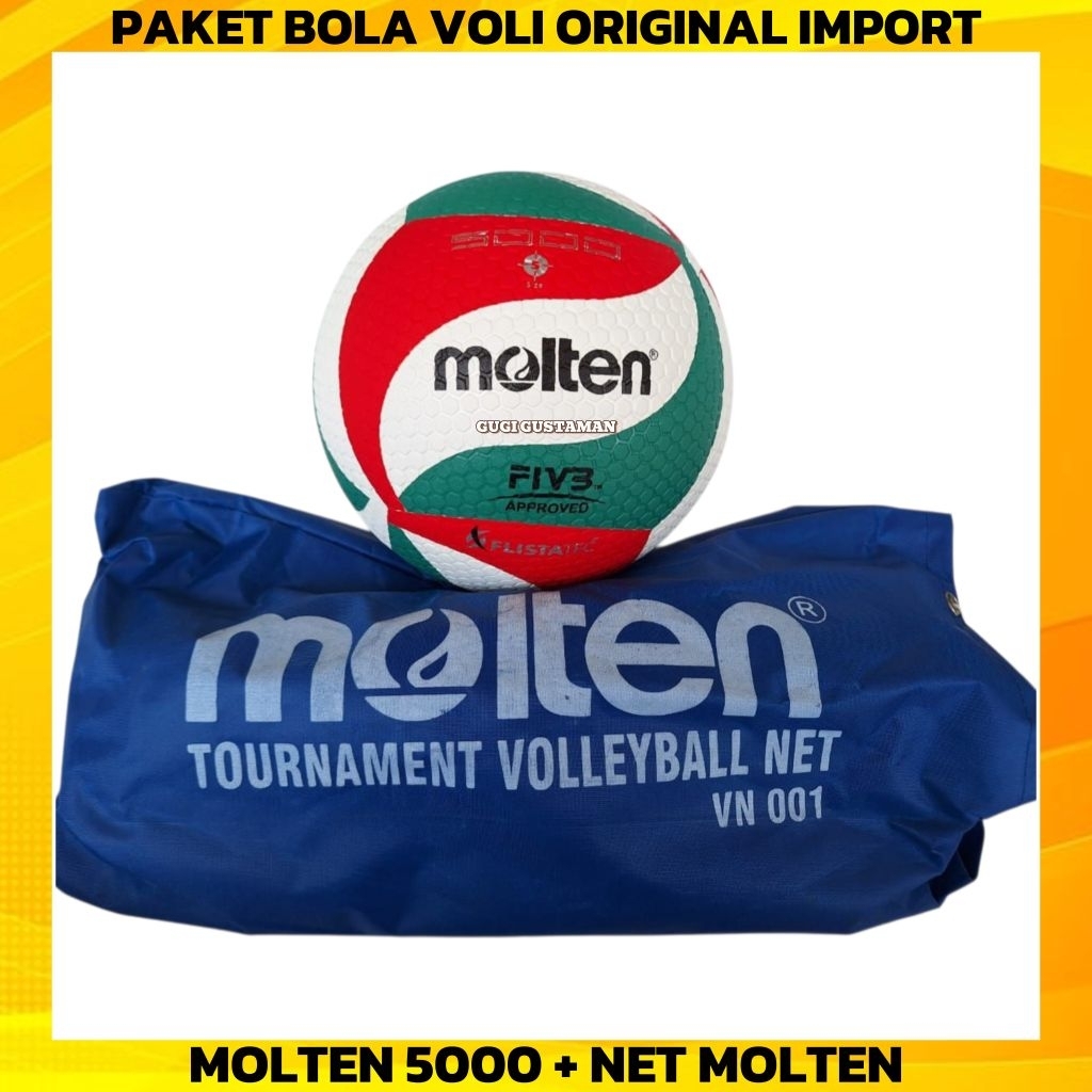 PAKET BOLA VOLI MOLTEN 5000 ORIGINAL IMPORT DAN NET VOLI MOLTEN