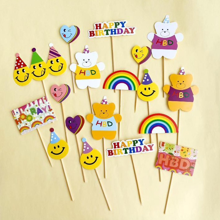 Topper Kue Kertas 18 pcs Happy Birthday Beruang Topi Ulang Tahun Pelangi Cinta / Cake Topper Hat Lov