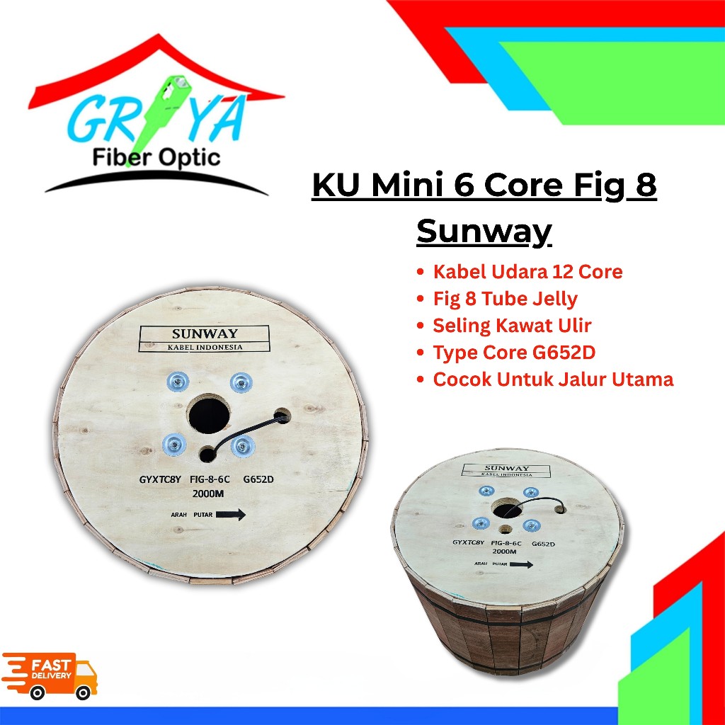 Sunway Kabel Fiber Optik 6 Core G652D KU Mini 6C Fig8 2KM Kabel Udara