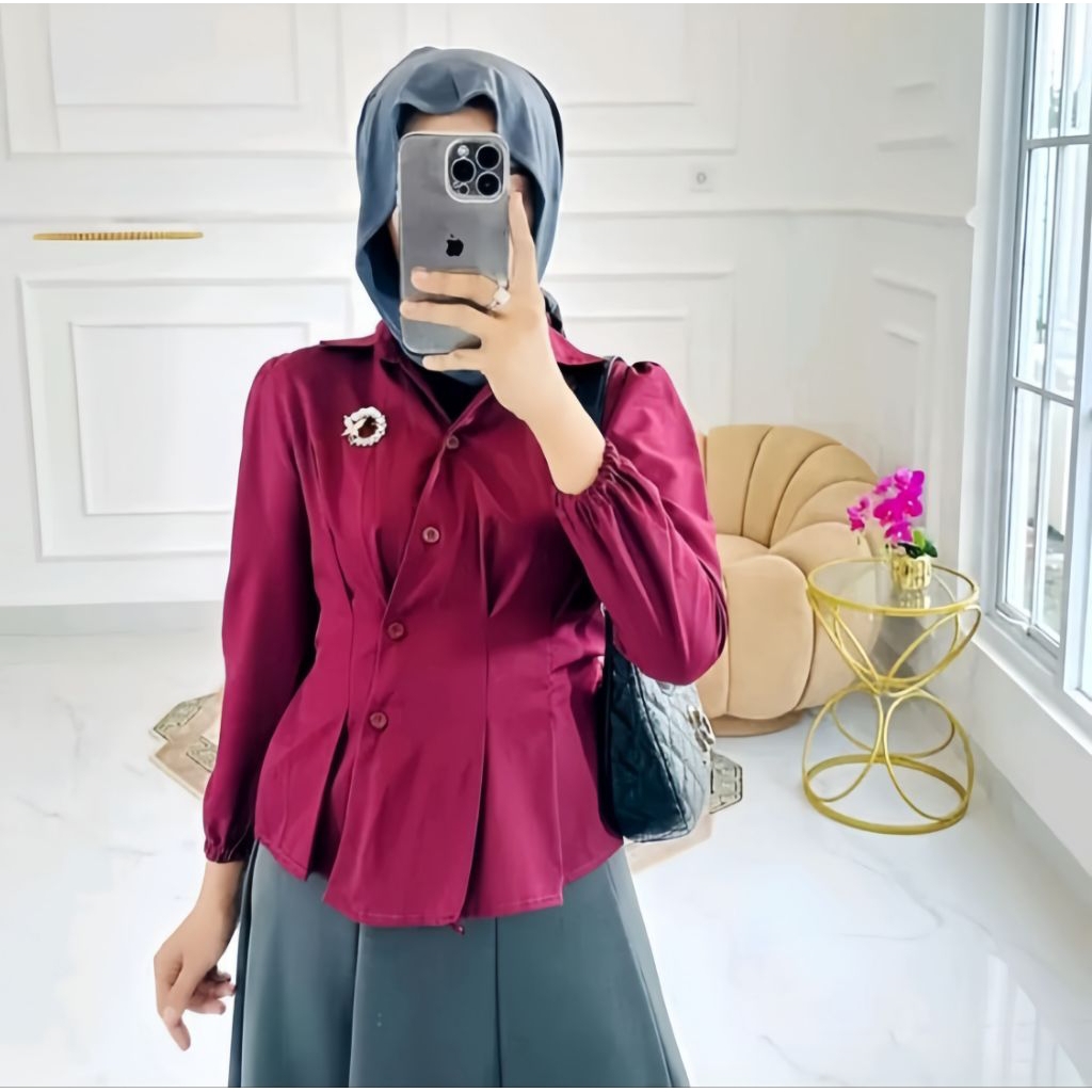 KEMEJA BLOUSE WANITA POLOS REMPEL DEPAN BELAKANG KARET