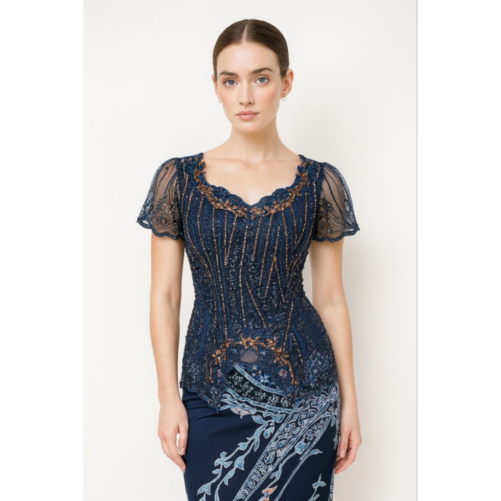 Kebaya Modern Wisuda Lengan Pendek Biru Navy Emas 155