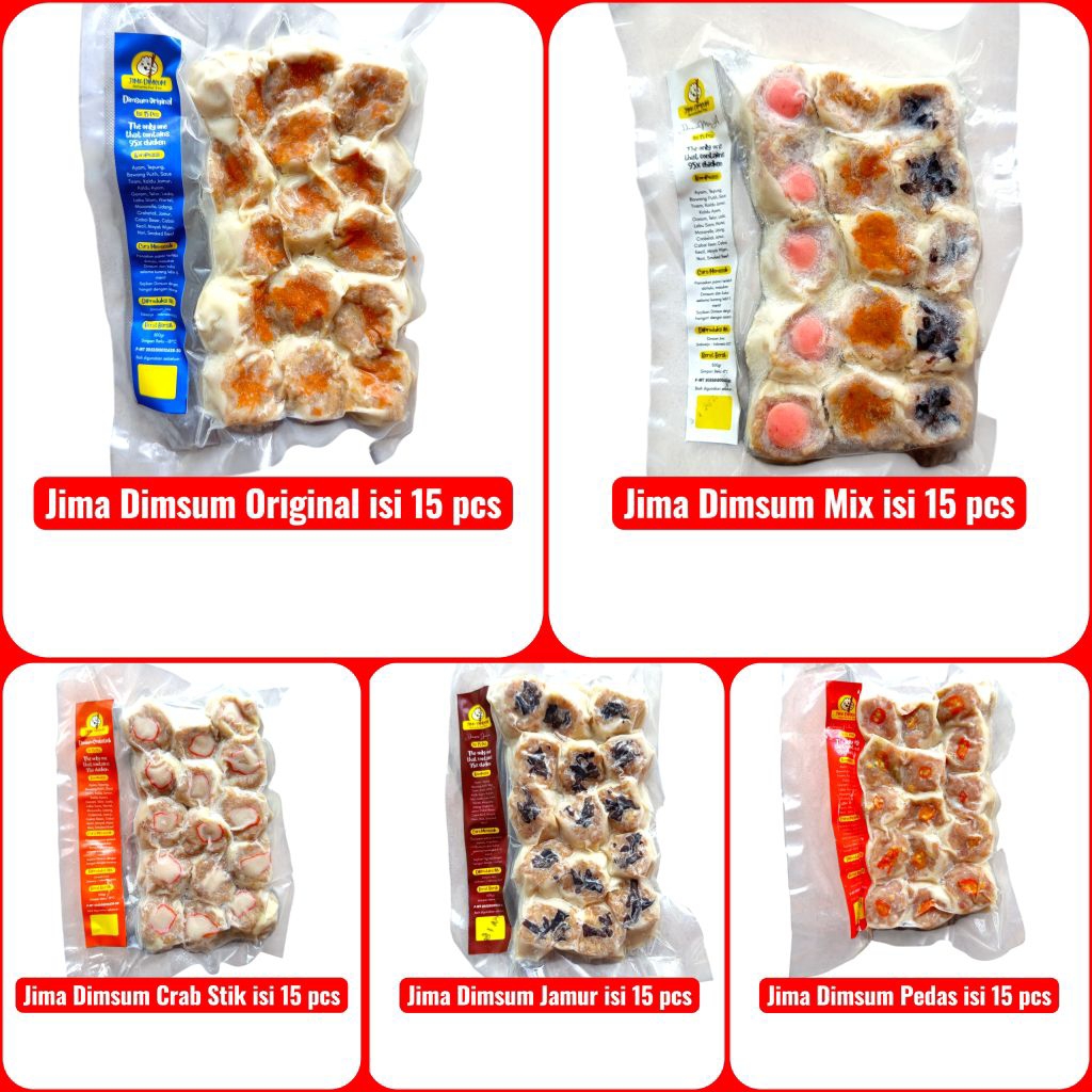 

jima dimsum ayam premium isi 15 pcs (ori | pedas | jamur | crab stik | mix | sosis | mozarella)