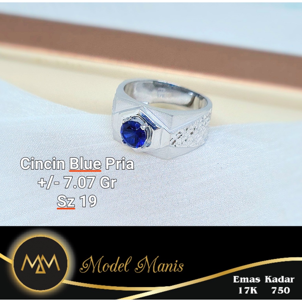 Model Manis Gold - Cincin Pria Royal Blue Ukir Putih - Emas 17k  750