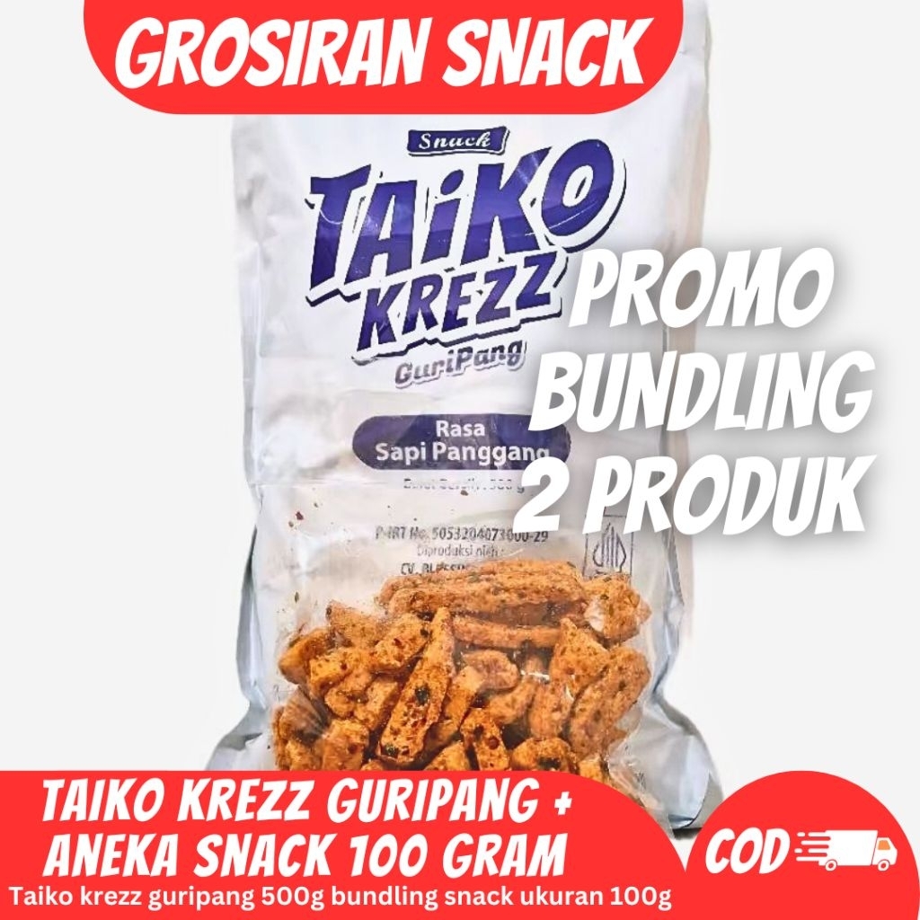 

PROMO BUNDLING 2 PRODUK Taiko Krezz Guripang 500g Basreng 100g Usus 100g Seblak Campur 100g | Taiko Krezz Bundling Snack 100g
