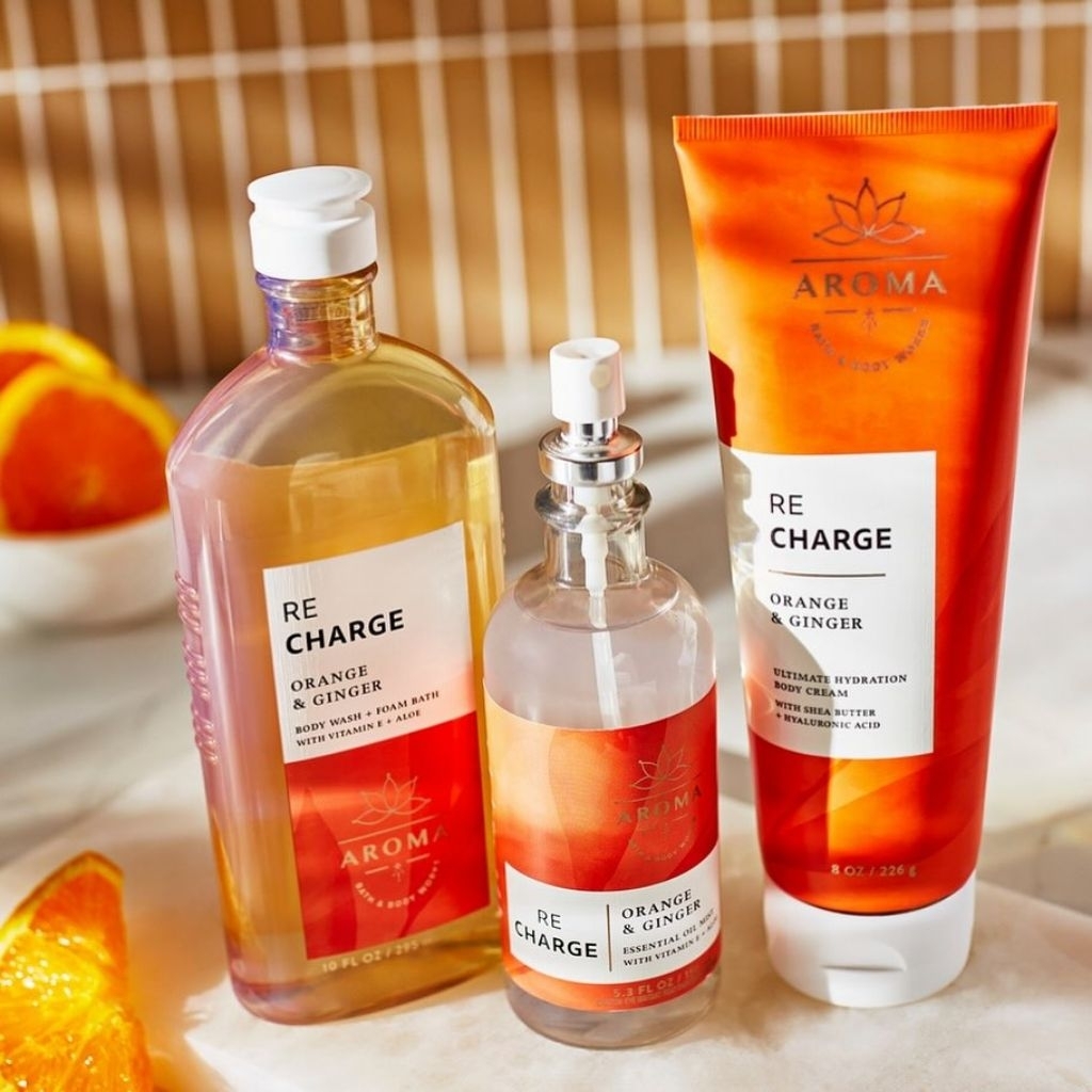 BBW AROMATHERAPY RECHARGE ENERGY ORANGE GINGER SERIES SWEET ORANGE BERGAMOT GINGER LEMONGRASS WOODS 