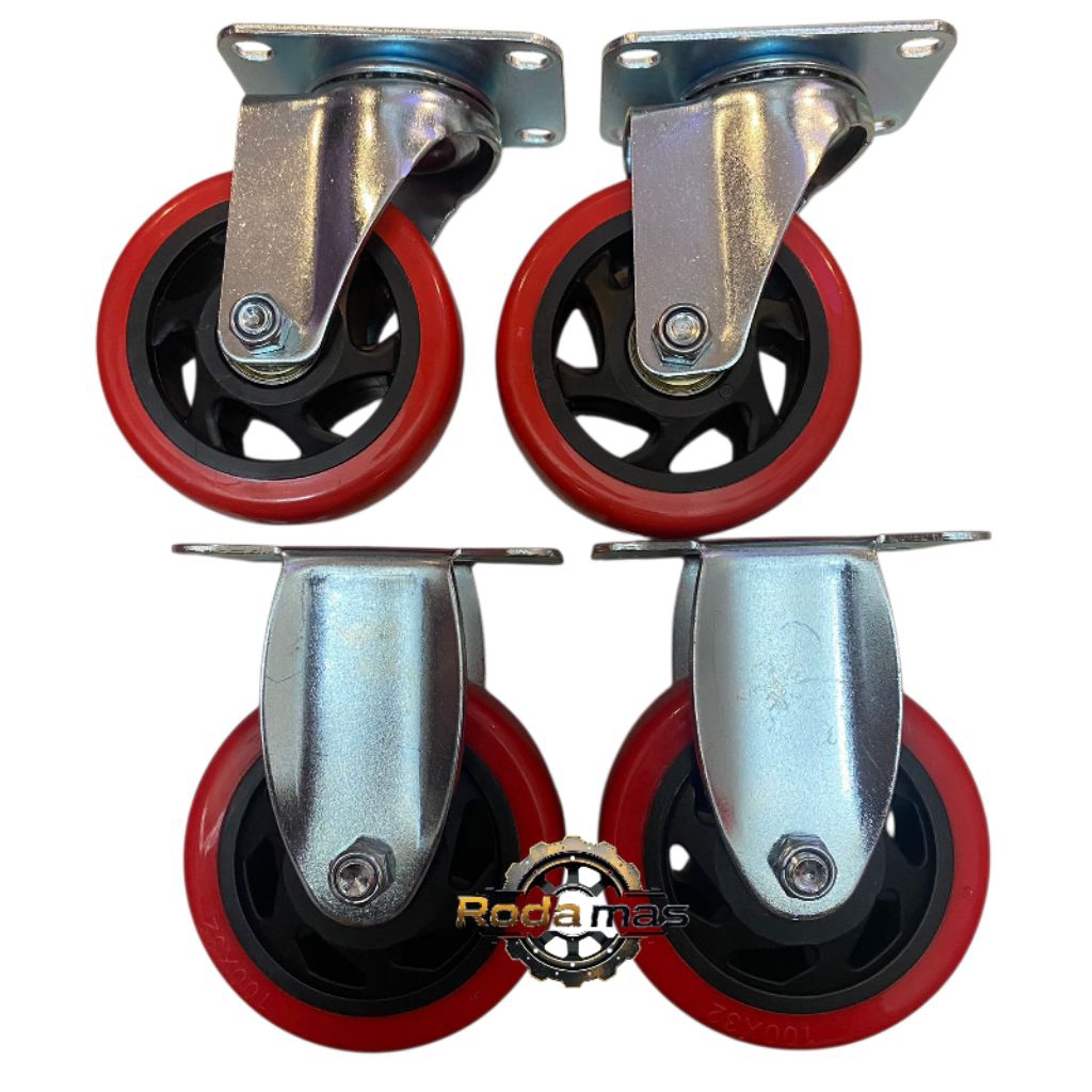 roda pu merah 3 inch 1 set + 2 pcs roda hidup 2 roda mati / roda troli / roda pvc