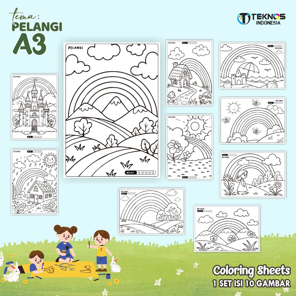 

COLORING SHEETS UNTUK ANAK - KERTAS GAMBAR READY STOCK - LEMBAR MEWARNAI TEMA PELANGI