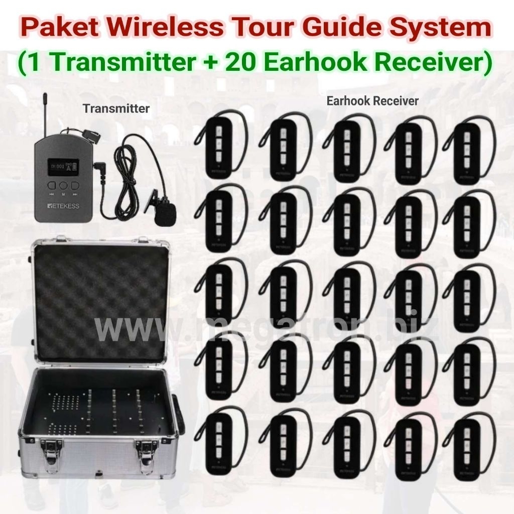 Paket Wireless Tour Guide System 20 Earhook Receiver + koper charging