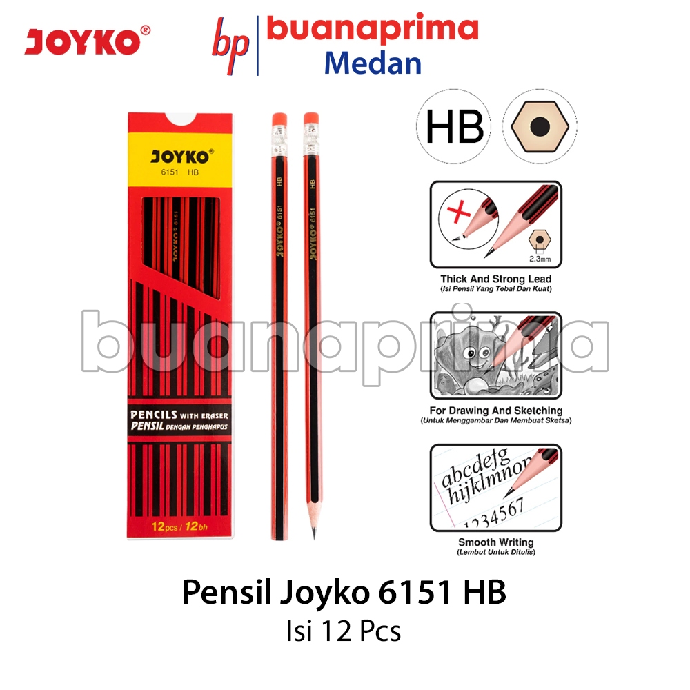 

Pensil JOYKO HB 6151 1 Box isi 12 pcs Pencil Kayu Merah Pakai Penghapus