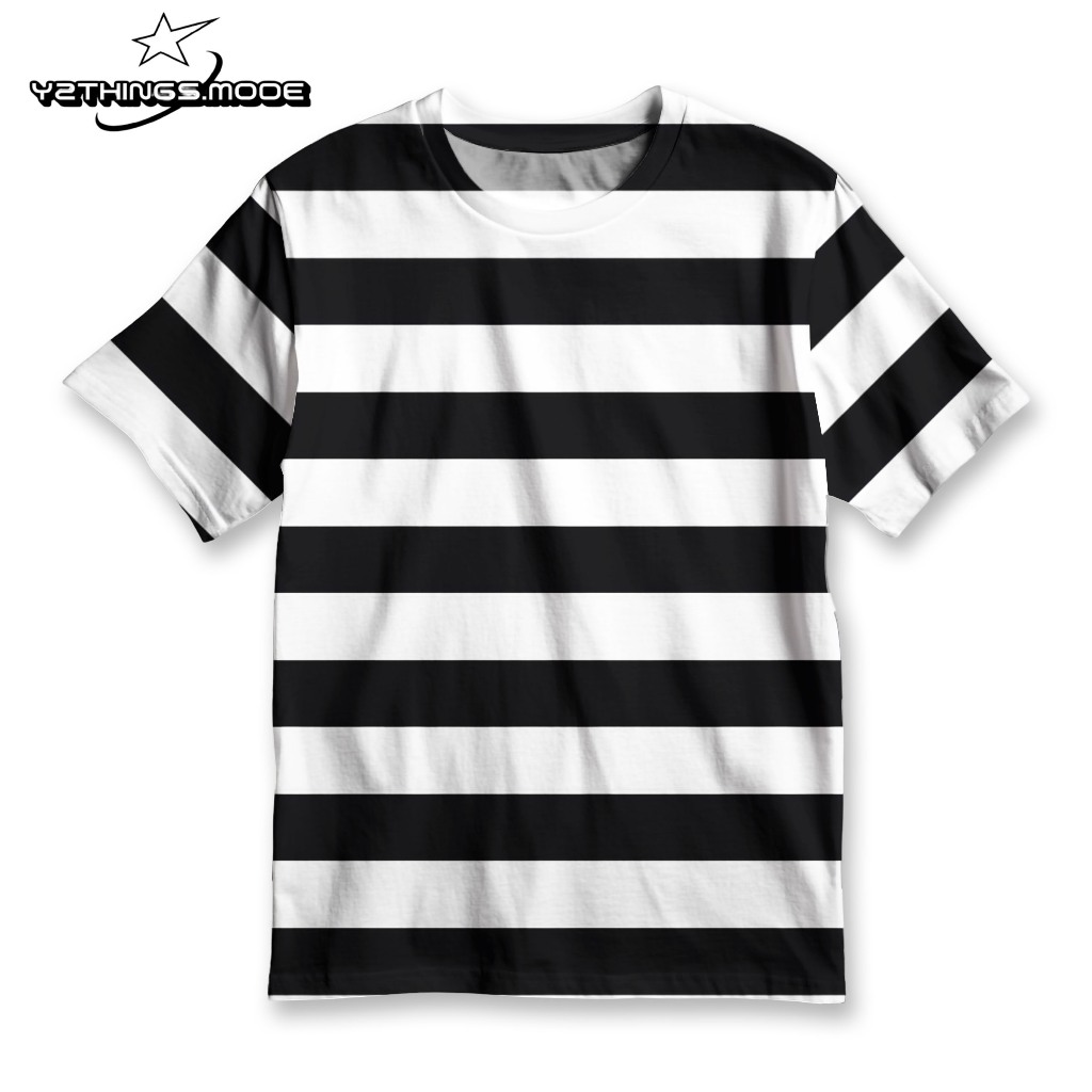 Y2THINGS Kaos Distro Oversize Motif Garis Horizontal Hitam Putih Lebar – T-Shirt Aesthetic Basic Min
