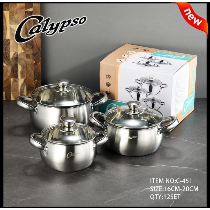 CALYPSO - Panci Soup / Panci Kuah Set Isi 3 Pcs Tutup Kaca Tebal