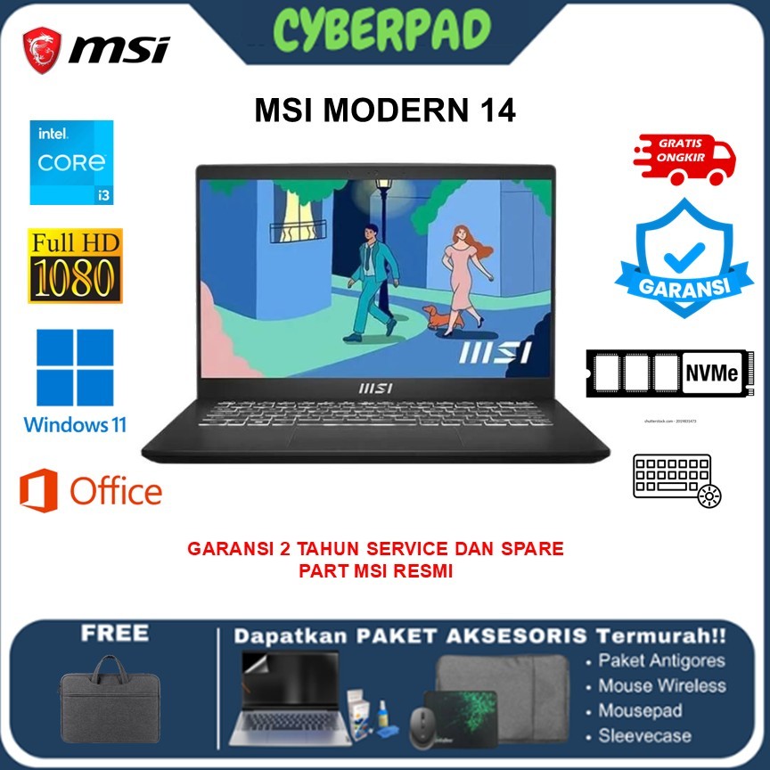 LAPTOP KERJA MSI MODERN 14 I3 1315 8GB 512GB W11 14.0FHD BLIT IPS