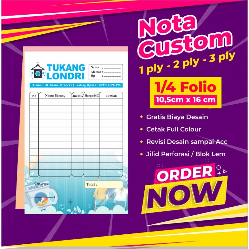 

Nota Satuan, Cetak Nota Custom Satuan per Buku, Desain Bebas, Ukuran 1/4 Folio 2 Ply, Gratis Desain