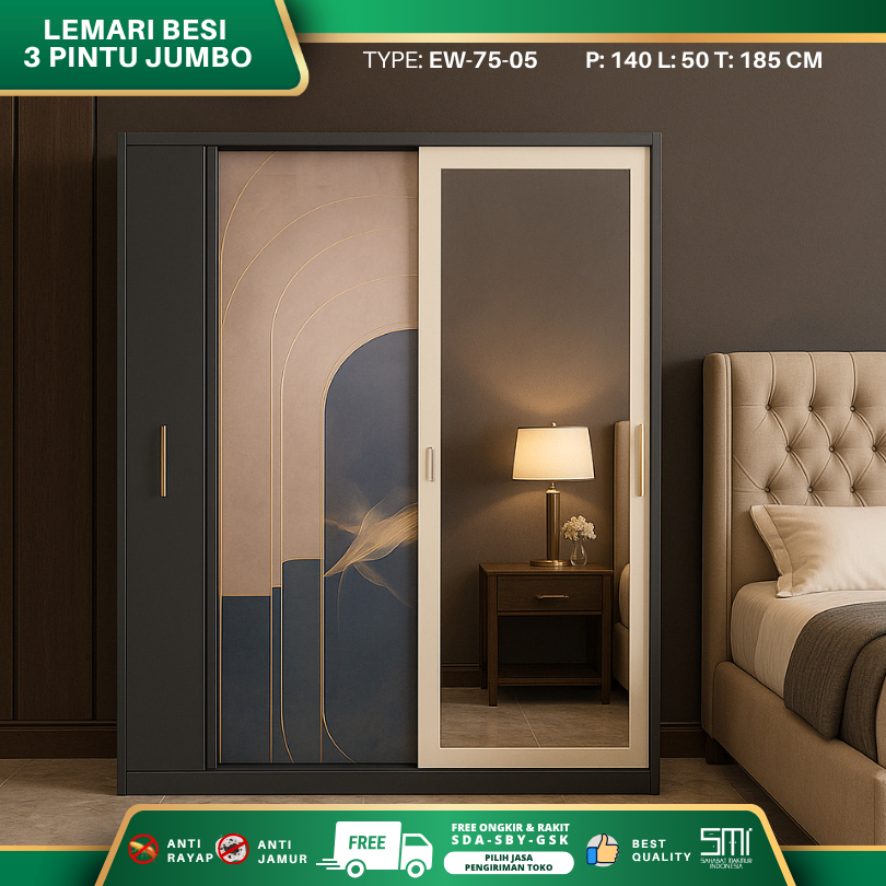 Lemari Pakaian Besi 3 Pintu Jumbo 140cm Asencio EW-75-05 / Lemari Baju Besi Gantungan Hijab Sliding