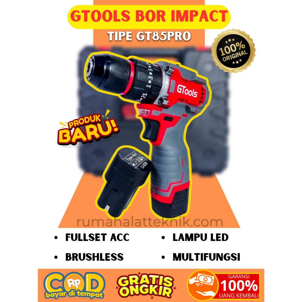 Gtools 48VF Brushless Cordless Drill 2 Baterai Mesin Bor Impact Hand impact drill Power Tools