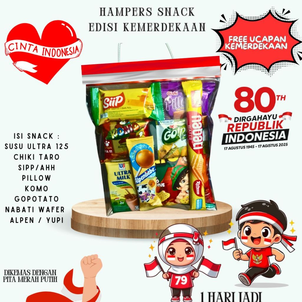 

PAKET SNACK SPESIAL KEMERDEKAAN HUT REPUBLIK INDONESIA HAMPERS SNACK AGUSTUS SNACK ANAK AGUSTUS SNACK SPESIAL HUT RI