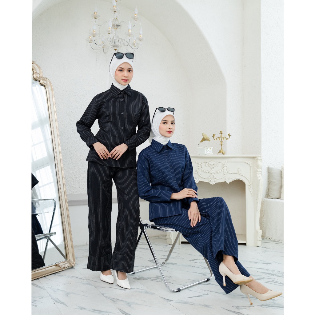 Nazwa x Diandra One Set Wanita Semi Formal - Setelan Wanita Semiwool Garis Salur - Korean Style Terb