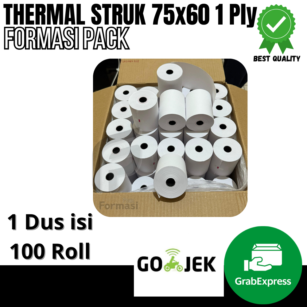 

KERTAS STRUK THERMAL PAPER ROLL 75x60 1 Ply (1 Dus isi 100 Roll )TERMAL EDC THERMAL PRINTER MINI BLUETOOTH 75x60MM