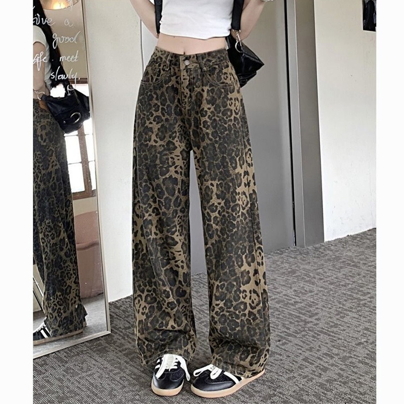 Street style Leopard Print Baggy Celana Jeans Wanita High Waist Celana Wide-leg pants jeans
