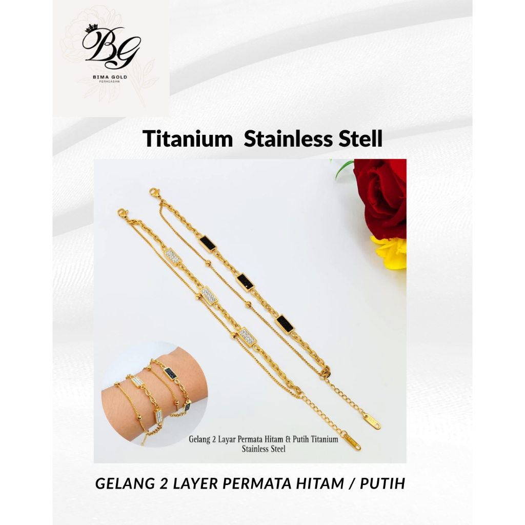 Gelang Emas Wanita 2 LAYER PERMATA HITAM / PUTIH