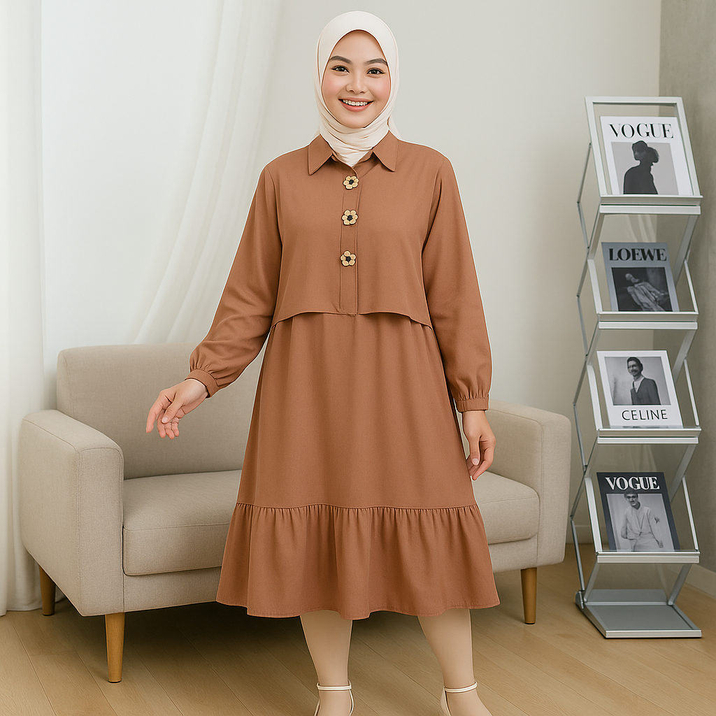 NIBARU - Midi Dress Nabila Wanita Kekinian Bahan Rayon Twill Premium