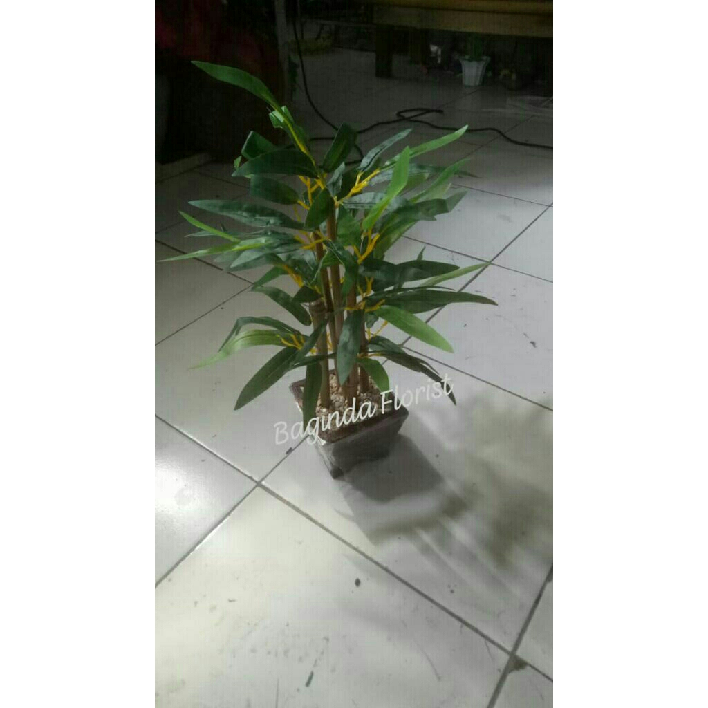 hiasan bambu kuning pot kayu