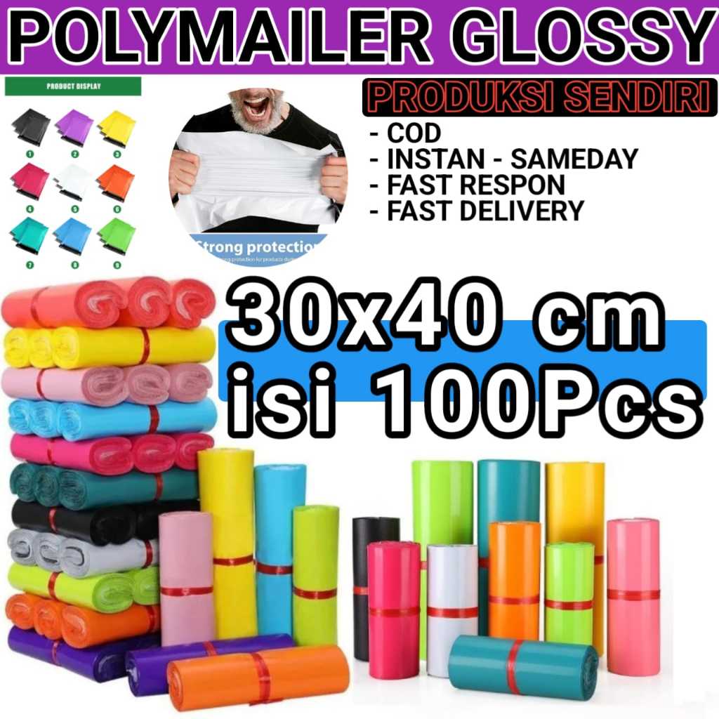 

Kantong Plastik Packing Polymailer Online Shop 30X40CM Isi 100pcs Glossy Lem Sekat PE Premium Warna