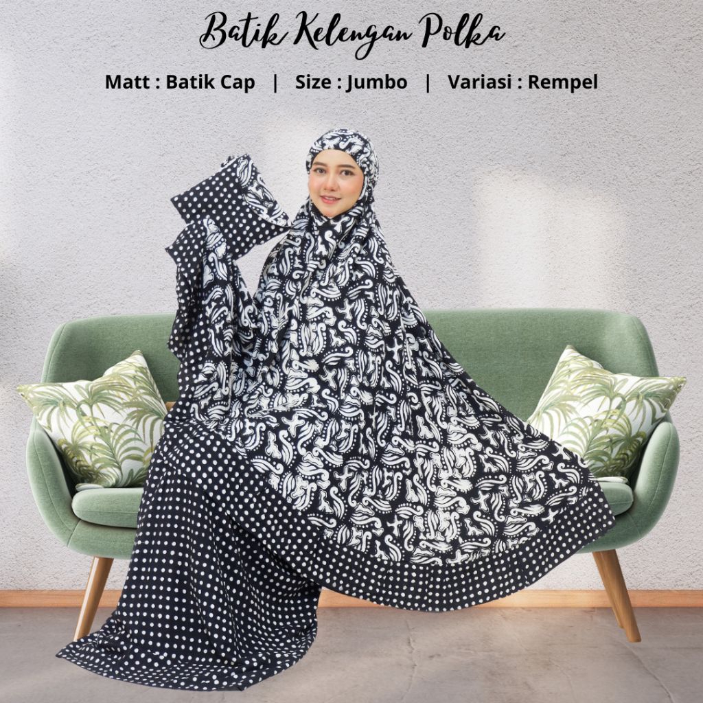 Mukena Batik Kelengan Polka Jumbo Rempel | Mukena Batik Cap Motif Elegan Hitam Putih | Mukena Jumbo 