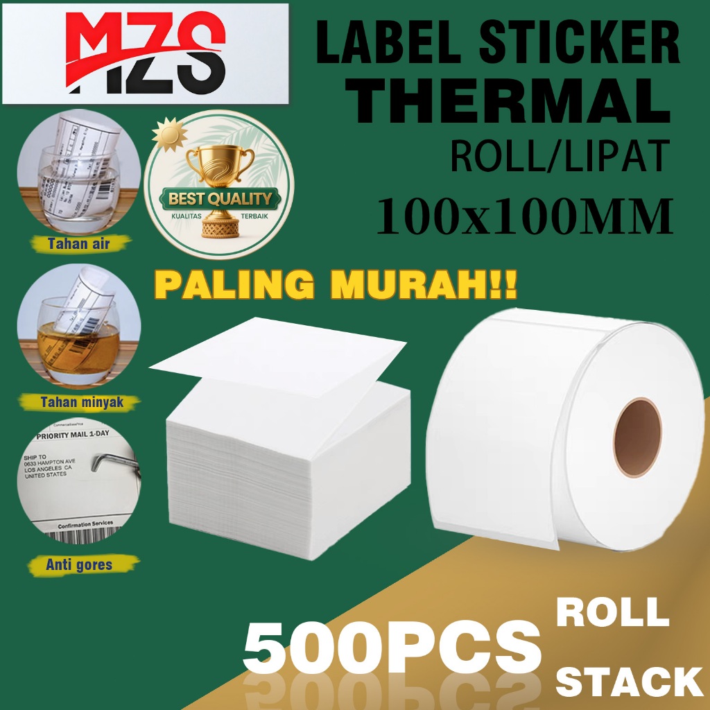 

Label Thermal 100x100mm Isi 500pcs Roll Waterproof / lipat Stiker Printer Label dengan Tinta MZS AJ003 AD003