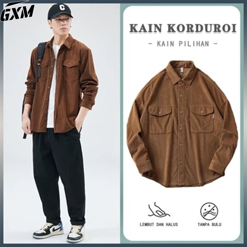Jaket lengan panjang corduroy pria, jaket kancing depan berkerah, jaket trucker pria,jaket corduroy 