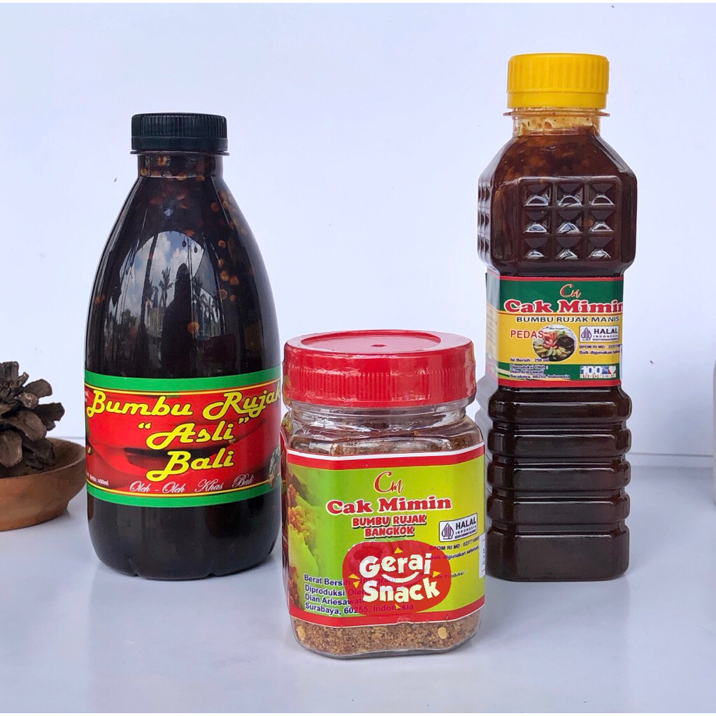 

Paket Bundling 3 Bumbu Rujak Khas Bali 1 pcs & 2 Cak Mimin Khas Surabaya Rujak Pedas & Bangkok