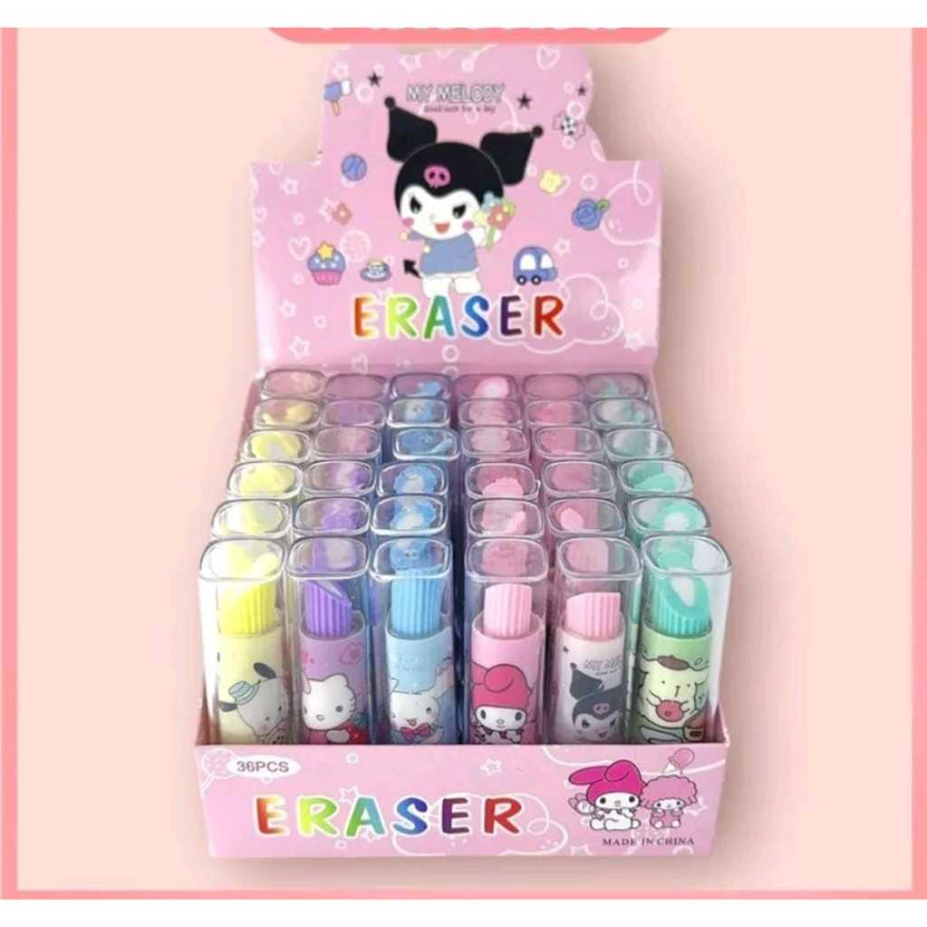 

( 1 PACK ISI 36 PCS) PENGHAPUS BENTUK LIPSTIK Karakter Kartun Warna Warni / Hapusan Anak Sekolah