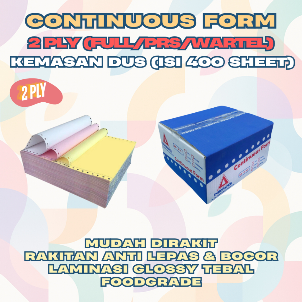 

Continuous Form 2 ply NCR FULL PERFORASI WARTEL 63 GSM Putih Merah merk Indopaper