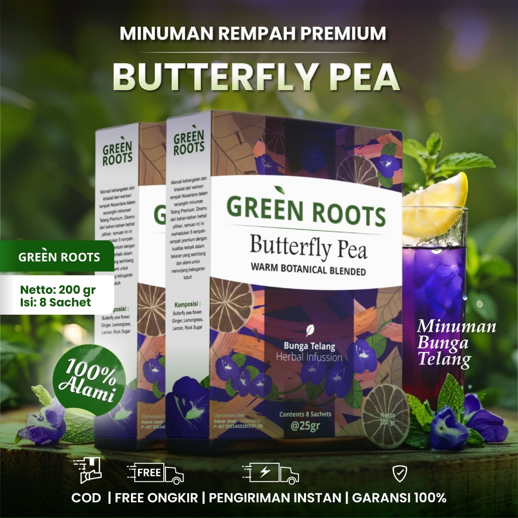 

Butterfly Pea Herbal 200g Green Roots Lemon Jahe untuk Daya Imun dan Radikal Bebas 2 Box