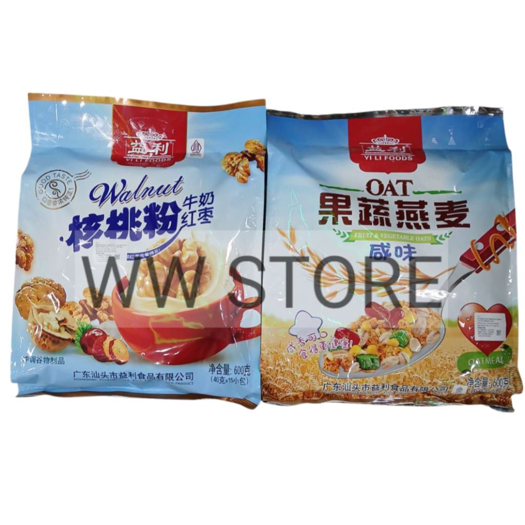 

Serbuk bubuk minuman kacang kenari susu kurma merah / Oat dengan buah - buahan dan sayuran halal MUI YILI YI LI Milk Red Dates WALNUT POWDER 600g ( 15 sachet x 40g ) FRUIT & VEGETABLE OATS ( 20 sachets x 30g )